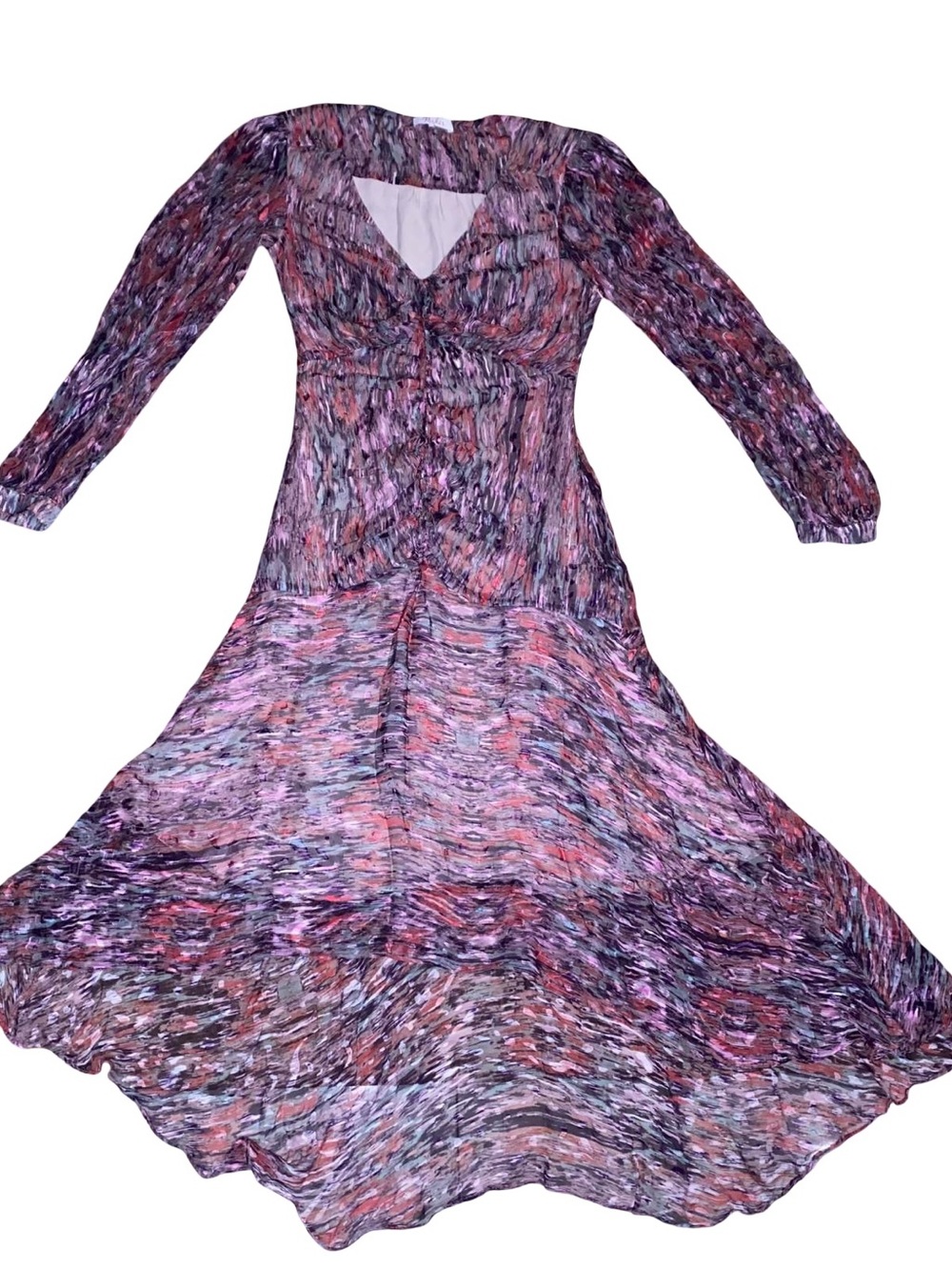 Parker 100% silk abstract Print  Ruched Midi Dress Long Sleeve High-Low Hem - Picture 2 of 13